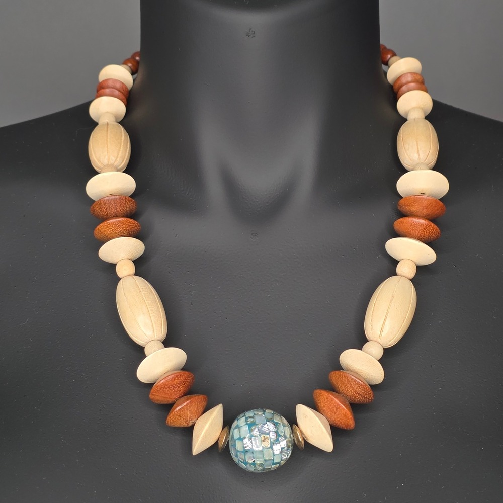 Vintage Natural Wood Bead Necklace Abalone Shell Mosaic Focal Bead 25 Inch Boho